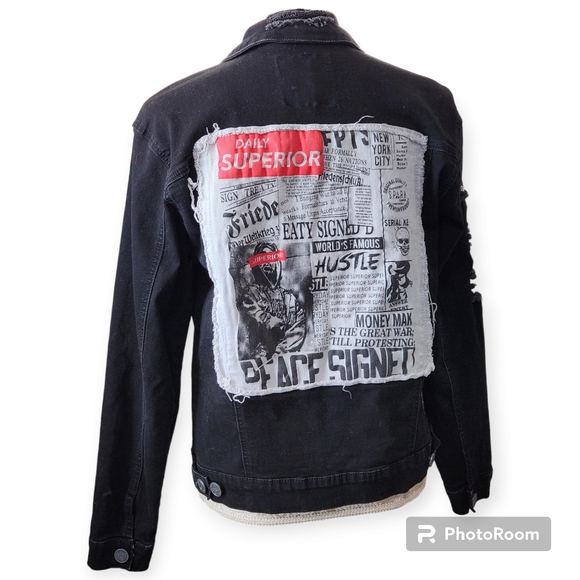 Spark Premium Black Denim Savage Distressed Jacket size Medium - Picture 11 of 11